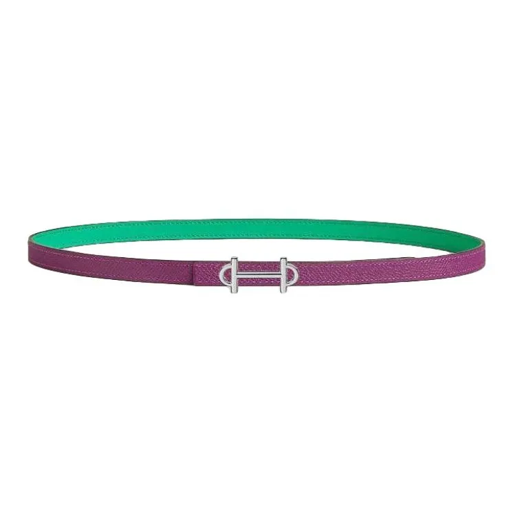 HERMES Palladium Plated Calfskin Leather Belts Women's Green 1.3CM-1