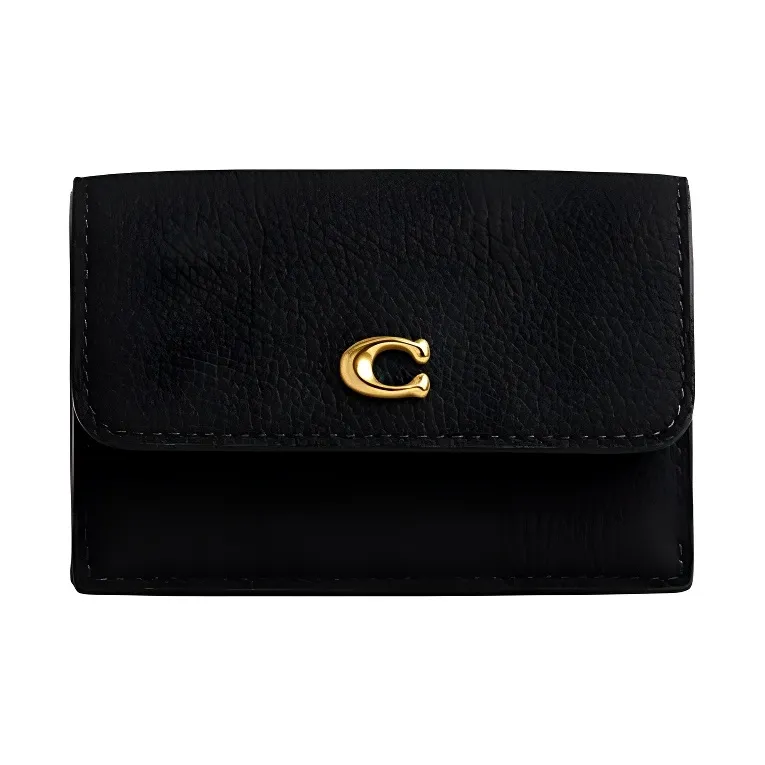 COACH Trifold Wallet Pebbled Leather Coin Purse Wallet Women's Black-0