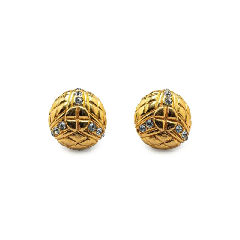 CHANEL 1980 1990 Plated Rhinestones Clip On Costume Earrings-0