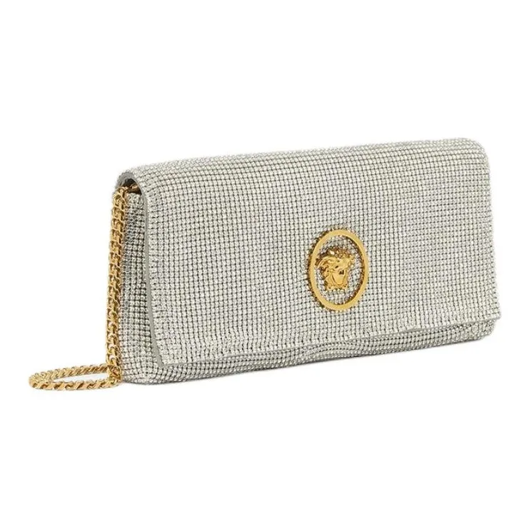 VERSACE La Medusa Lambskin With Viscose Crossbody One Shoulder Clutch Women's Silver-2