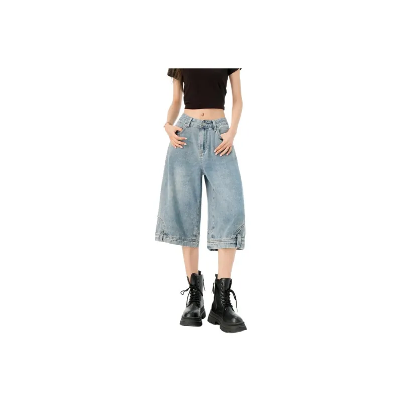 Mm Denim Shorts Women's Vintage Blue Mid Length Pants-0