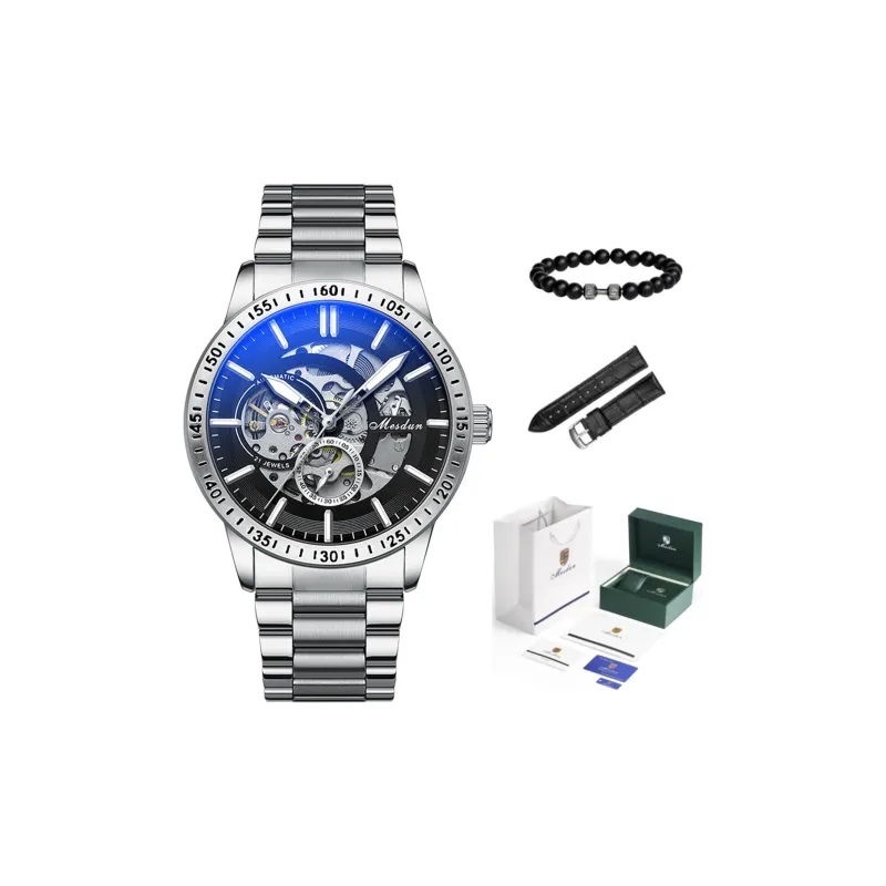 MESDUN Automatic Mechanical Movement Metal Strap Watch Men's Watches Black Dial-20