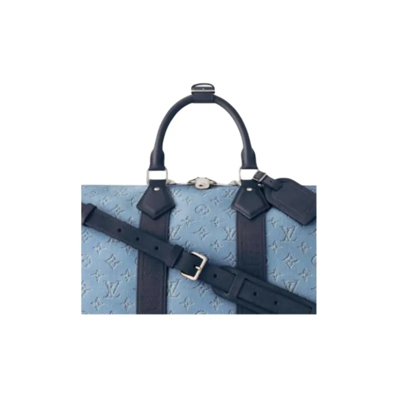 LOUIS VUITTON Keepall Denim One Shoulder Crossbody Handbag, Travel Bag Unisex Blue Denim Blue-4