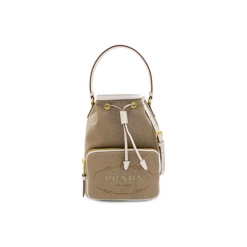 PRADA Jacquard Bucket Bag, One Shoulder Handbag Women's Beige-0