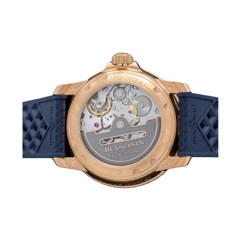 BLANCPAIN FIFTY FATHOMS Automatic Mechanical Movement Unisex Watch 42mm Blue Dial 18K Rose Gold Watch Case Rubber Strap-2