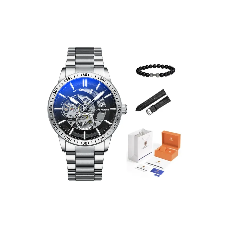 MESDUN Automatic Mechanical Movement Metal Strap Watch Men's Watches Black Dial-12