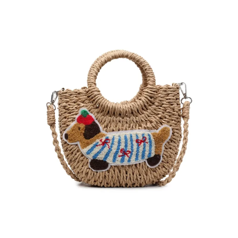 Meow In The Grass Straw Woven Shoulder Bag, Crossbody Bag, Handbag Women's Ecru/Khaki-5