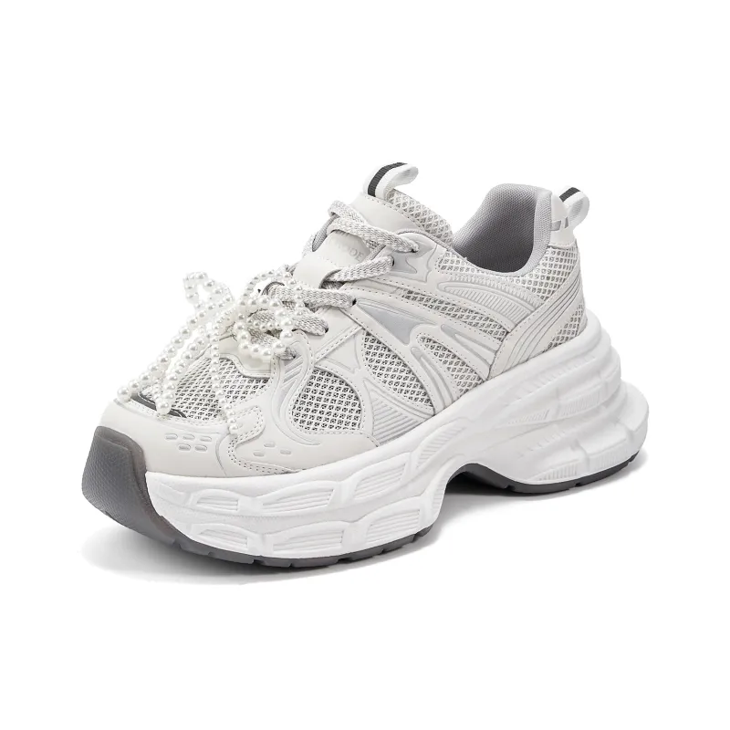 EXULL Q Slip Resistant, Breathable, Lightweight, Height Increasing Low Top Chunky Sneakers Women's White Gray-1