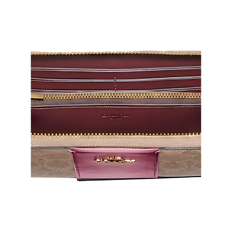 COACH Accordion Zip Canvas With Cow Leather Wallet Women's Brown & Rose Pink-3