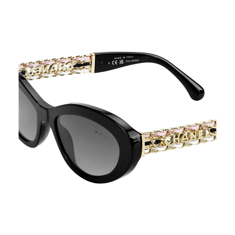 CHANEL Acetate Metal Leather Butterfly Sunglasses Women's Black-3