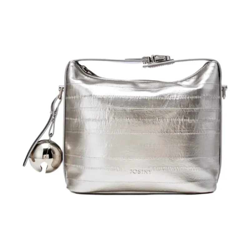 JOSINY PU With Cow Leather Shoulder Bag, Crossbody Bag, Handbag Medium Size Women's Ecru/Black/Silver-6