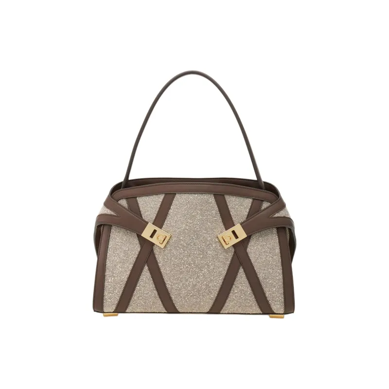 FERRAGAMO Hug Canvas With Leather One Shoulder Handbag Tubas Women's White & Black-0