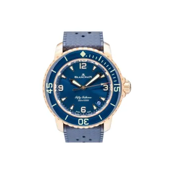 BLANCPAIN FIFTY FATHOMS Automatic Mechanical Movement Unisex Watch 42mm Blue Dial 18K Rose Gold Watch Case Rubber Strap