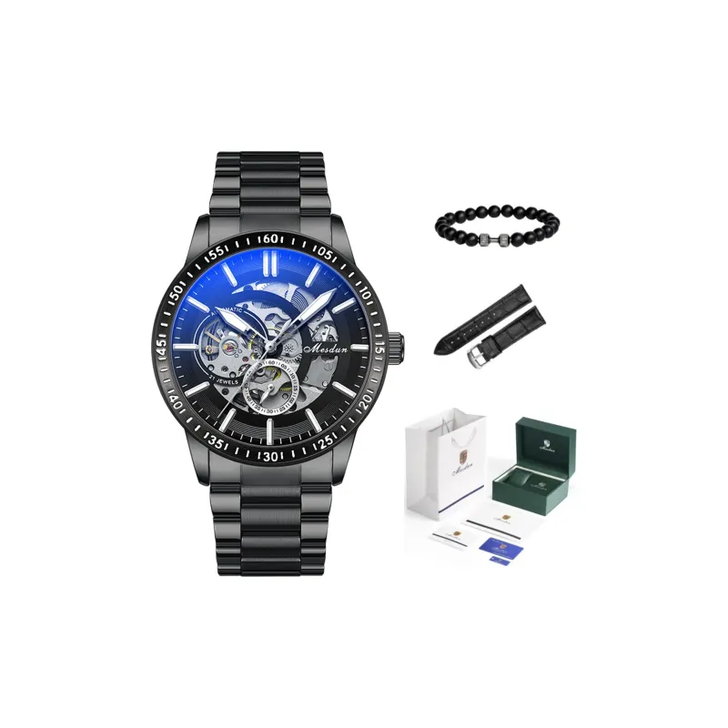 MESDUN Automatic Mechanical Movement Metal Strap Watch Men's Watches Black Dial-17