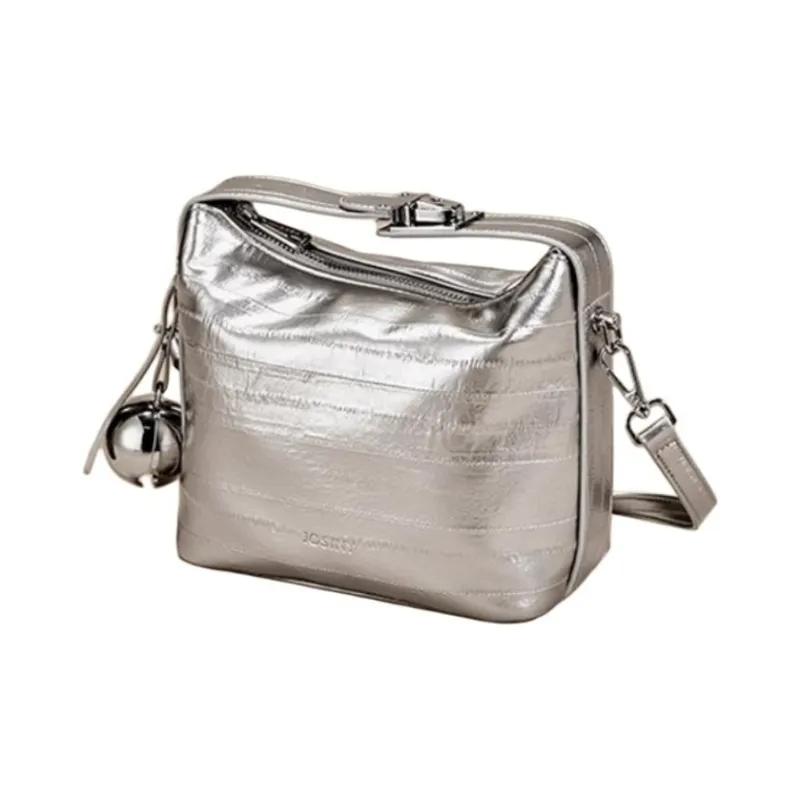 JOSINY PU With Cow Leather Shoulder Bag, Crossbody Bag, Handbag Medium Size Women's Ecru/Black/Silver-9