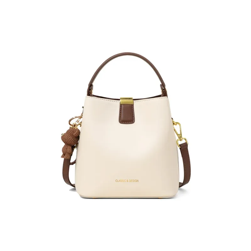 CNNCOO Cow Leather Bucket Bag, Crossbody Handbag Women's Milkshake White/Caramel Brown-5