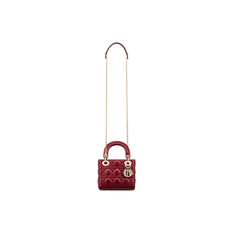 DIOR Lady Dior Lambskin Handbag Mini Women's Cherry Red-3