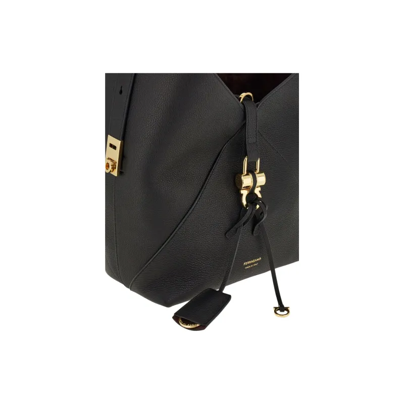 FERRAGAMO Hammered Texture Calfskin Hobo Bag Shoulder Bag Trumpets Women's Black-4