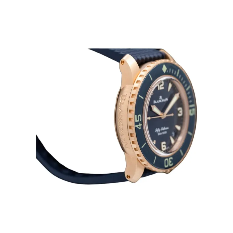 BLANCPAIN FIFTY FATHOMS Automatic Mechanical Movement Unisex Watch 42mm Blue Dial 18K Rose Gold Watch Case Rubber Strap-1