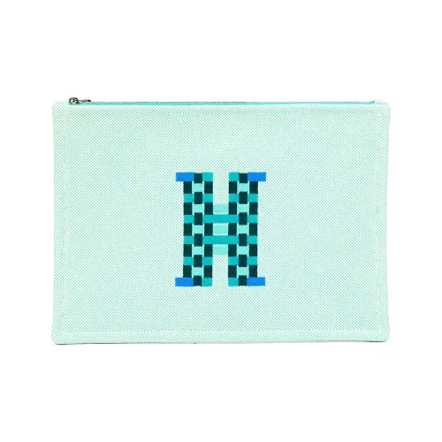 HERMES H Tissage Cotton Canvas Bag Clutch Storage Bag Large Size Unisex Blue & Green