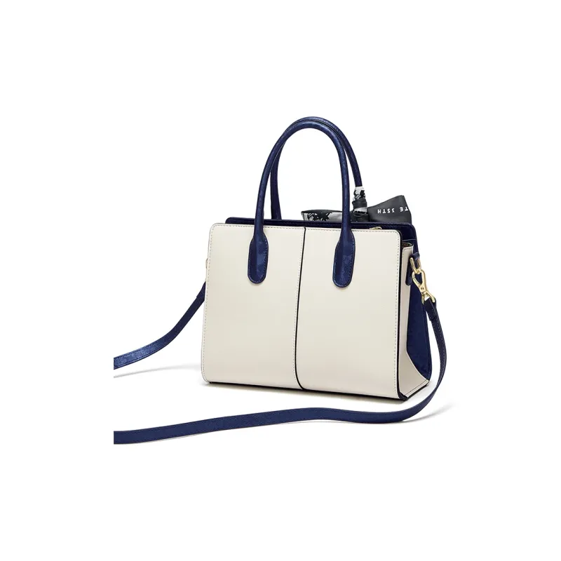 CNOLES Cow Leather One Shoulder Handbag Women's Beige White & Blue-7
