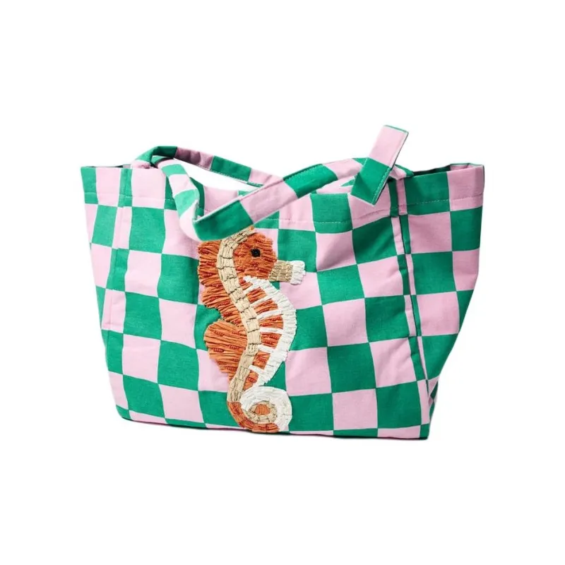 ZARA Cotton Tote Bag, Shopping Bag, Handbag, Shoulder Bag Women's Pink & Green-3