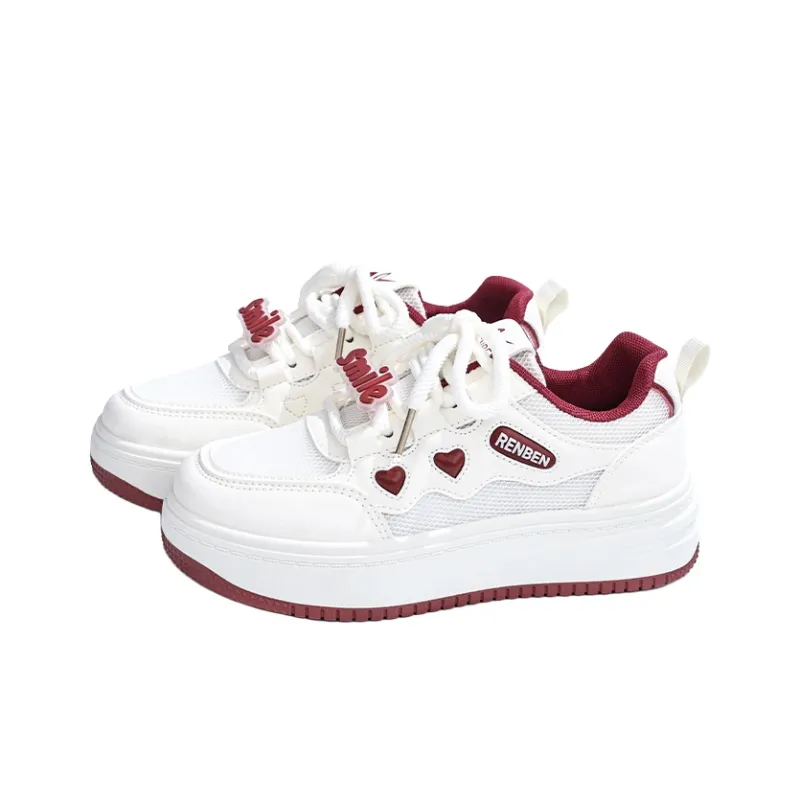 RENBEN Lightweight And Breathable Low Top Skateboard Shoes Women's White Red-2