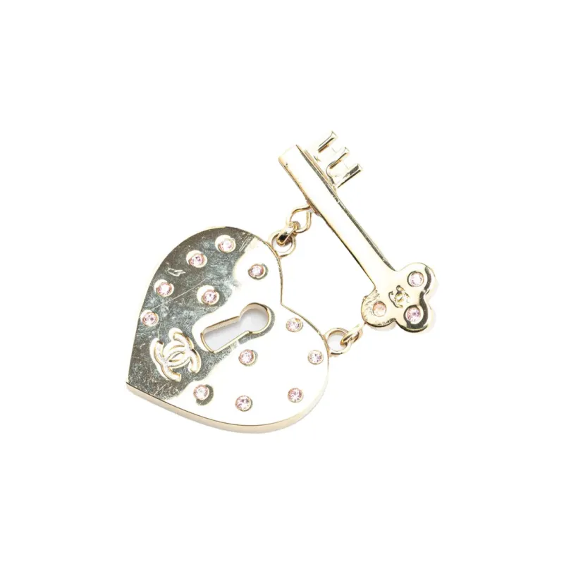 CHANEL 2002 Plated Heart Lock And Key Brooch Pin Costume Brooch-1