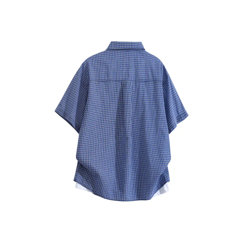 LIVINGTOWN Shirts Unisex Blue Plaid+Detachable Black Brooch-1