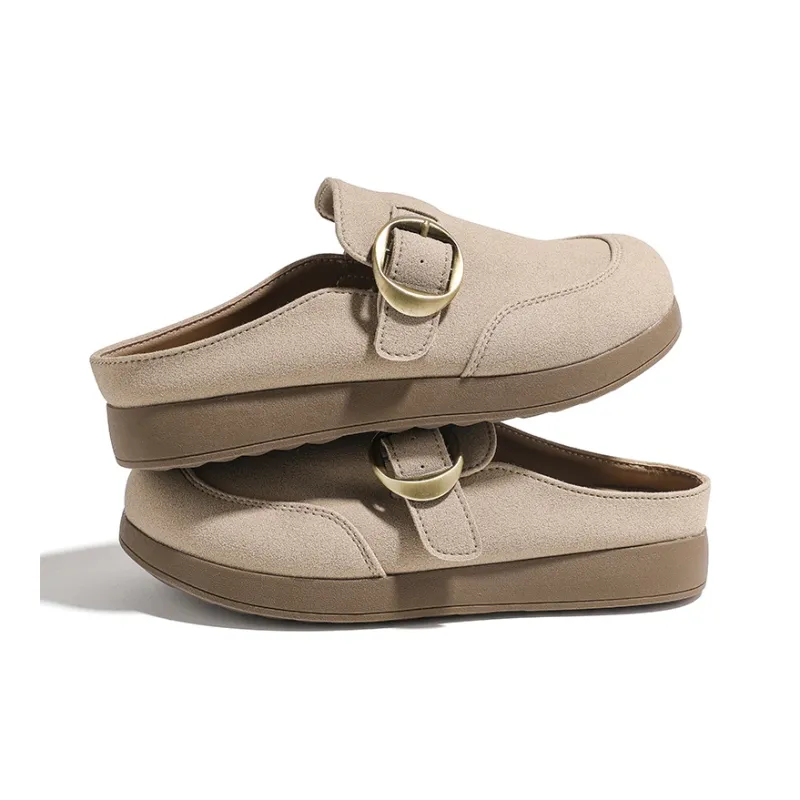 HUANQIU Leather Patchwork Abrasion Resistant Slip Resistant Closed Toe Slippers Women's Beige-1