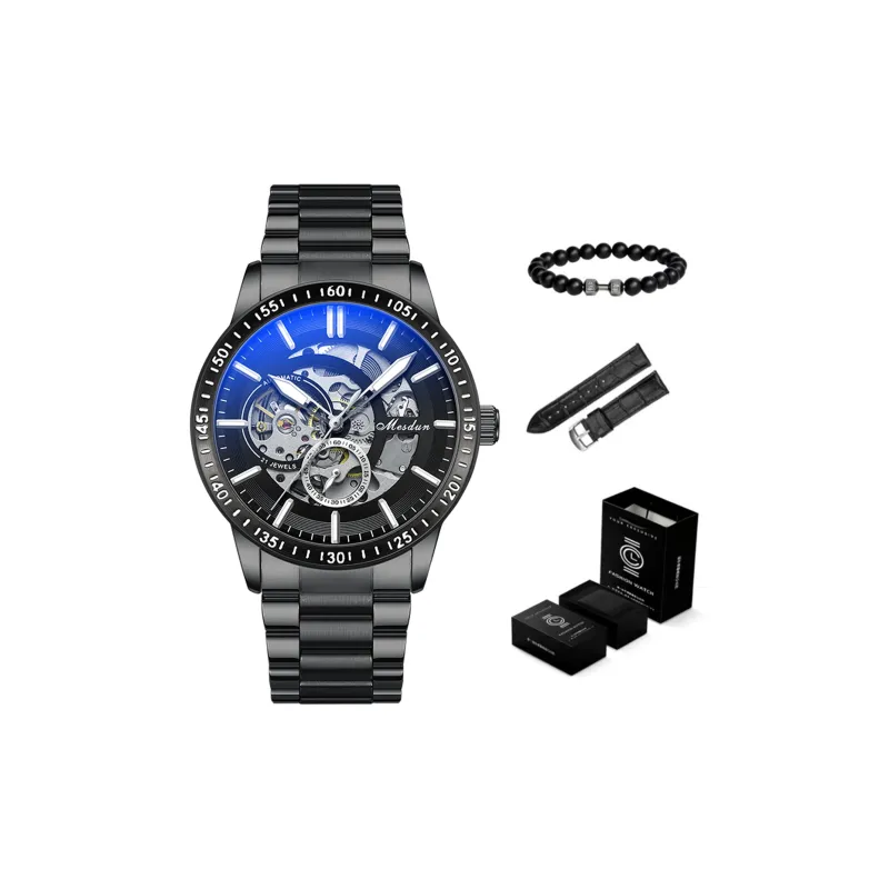 MESDUN Automatic Mechanical Movement Metal Strap Watch Men's Watches Black Dial-0