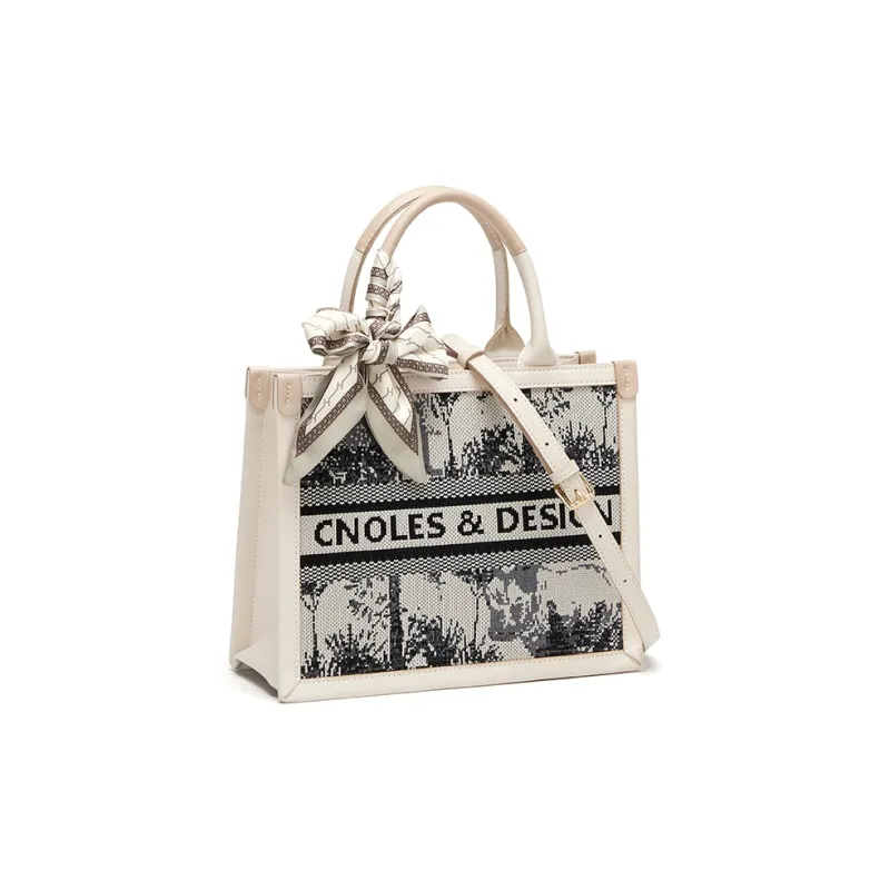 CNOLES Textile, Synthetic Leather Tote Bag, Shoulder Bag, Handbag Trumpets Women's Ecru & White & Gray & Black-1