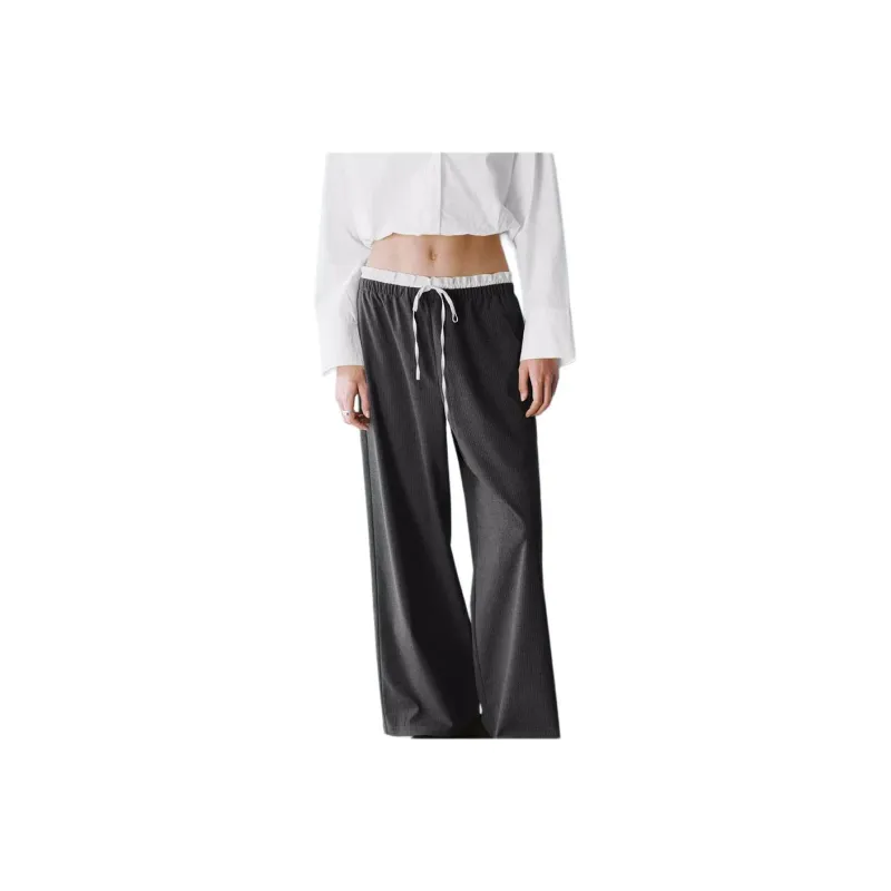 URBAN REVIVO Casual Pants Women's Black Gray Stripes-0