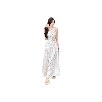 XIANSINIAO Slip Dresses Women's Asymmetrical Shoulder Polka Dot Dress