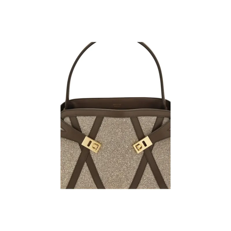 FERRAGAMO Hug Canvas With Leather One Shoulder Handbag Tubas Women's White & Black-4