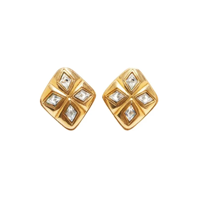 CHANEL 20th Century Gold Plated Diamond Crystal Clip On Earrings Costume Earrings-0
