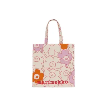 Marimekko Fabric Tote Bag, Shopping Bag, Handbag Medium Size Women's Ecru & Red & Orange