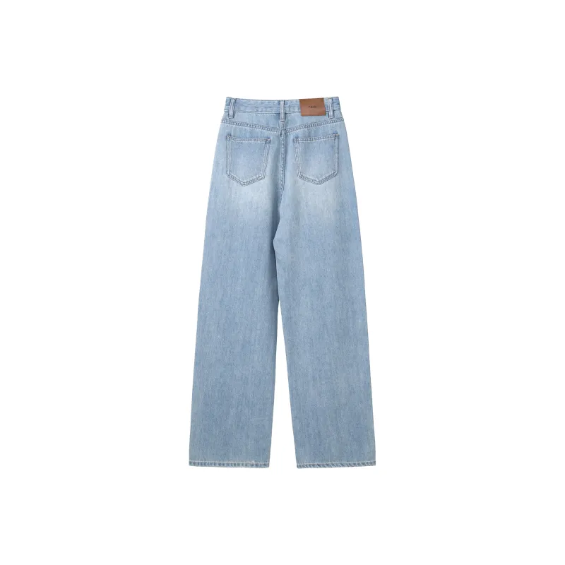 Fstudio Summer Korean Style Commute Minimalist Style Drawstring Straight Fit Jeans Women's Blue-2