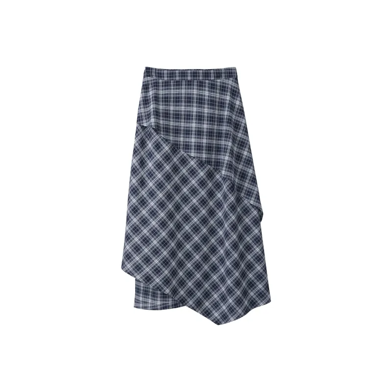 Fstudio Korean Style Irregular Plaid Half Length Casual Long Skirt Women's Navy Blue-2