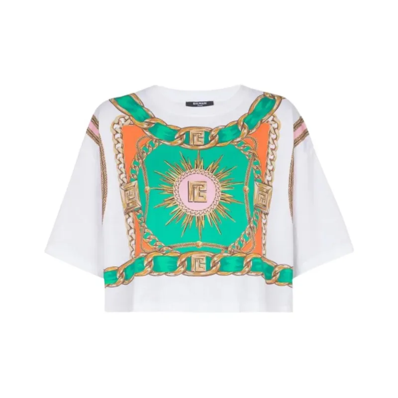 BALMAIN Foulard print Cropped T shirt-0