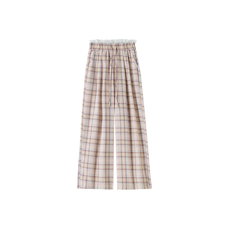 ABCMININ Casual Pants Women's Pink Plaid-0