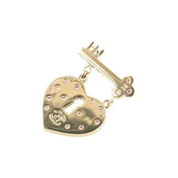 CHANEL 2002 Plated Heart Lock And Key Brooch Pin Costume Brooch