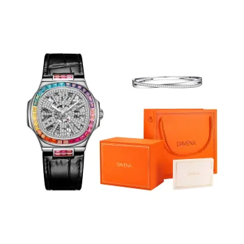 DAVENA Dotted Eye Collection Small Block Mechanical Movement Genuine Leather Strap Watch Unisex Cut Out Dial