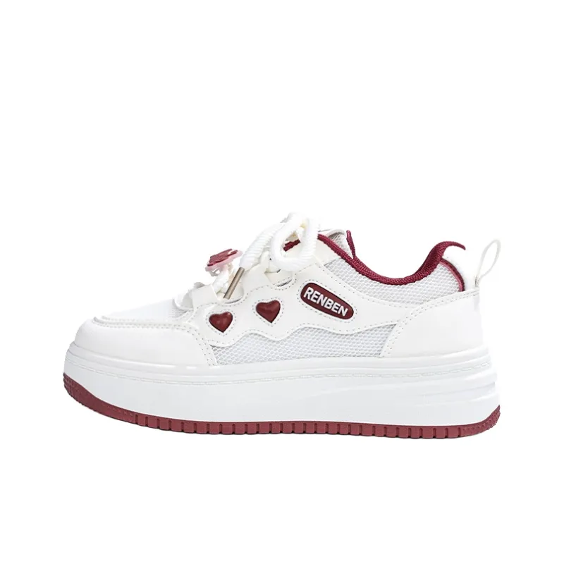 RENBEN Lightweight And Breathable Low Top Skateboard Shoes Women's White Red-0