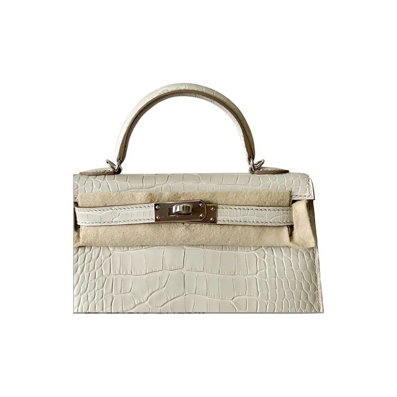HERMES Mini Kelly 2nd Generation Matte Crocodile Leather Kelly Bag Handbag Women's 8L Beton Glacier White-3