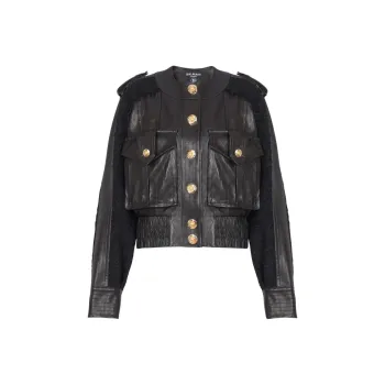BALMAIN Tweed panel Leather Bomber Jacket