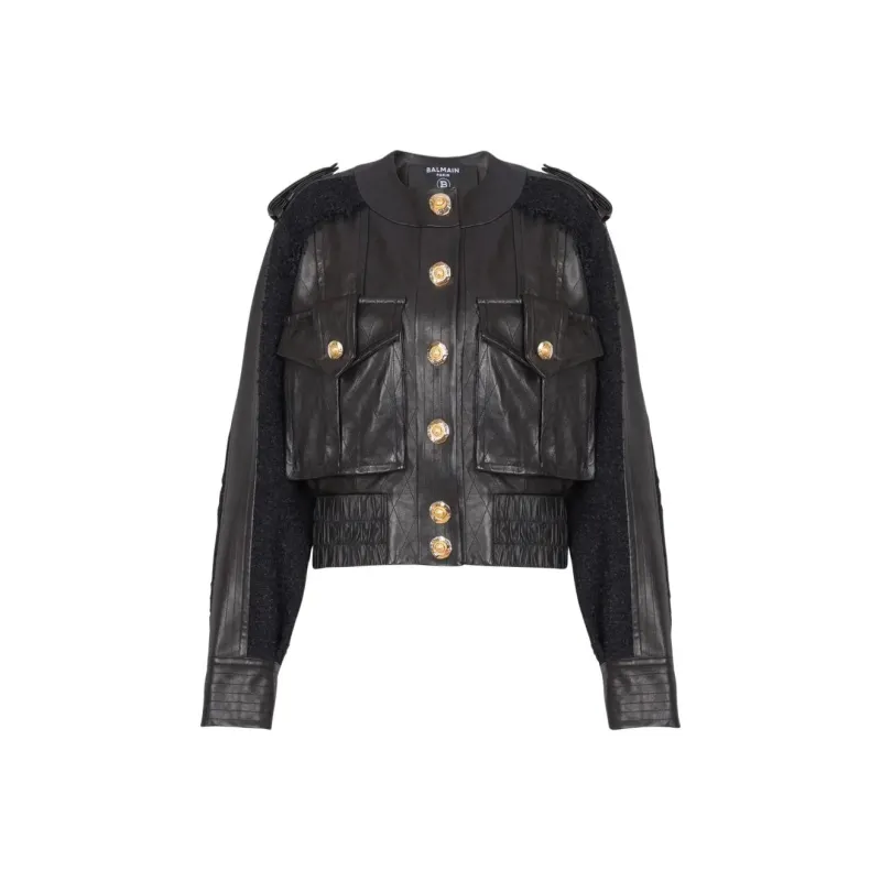 BALMAIN Tweed panel Leather Bomber Jacket-0