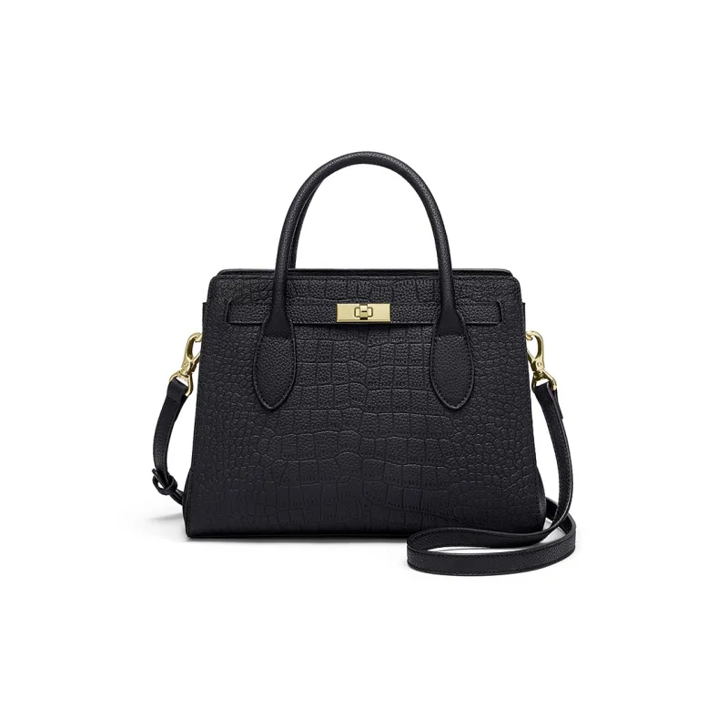 CNOLES Cow Split Leather Kelly Bag, Crossbody Bag, One Shoulder Handbag Medium Size Women's Black-0