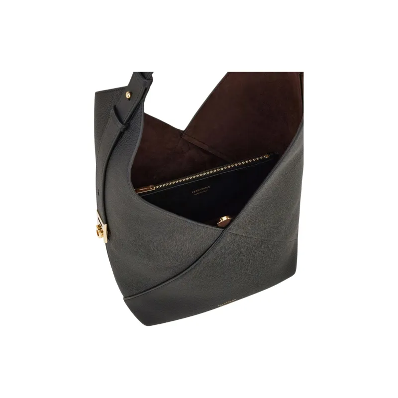 FERRAGAMO Hammered Texture Calfskin Hobo Bag Shoulder Bag Trumpets Women's Black-3