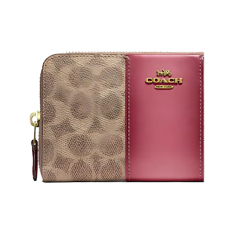 COACH Accordion Zip Canvas With Cow Leather Wallet Women's Brown & Rose Pink-4